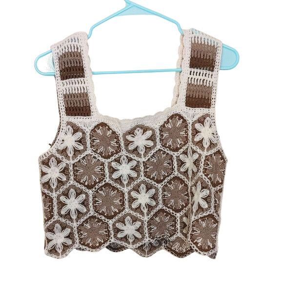 Rebellion Again Size Small S Knit Top Crop Floral Brown Cream Boho New NWT - Picture 1 of 9